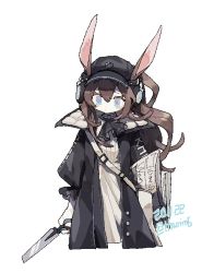 Rule 34 | 1girl, amiya (arknights), amiya (newsgirl) (arknights), animal ears, arknights, ascot, black ascot, black coat, blue eyes, brown hair, coat, dated, headphones, holding, implied extra ears, jewelry, long hair, long sleeves, neck ring, newspaper, official alternate costume, open clothes, open coat, rabbit ears, rabbit girl, ring, shirt, solo, thurim6, twitter username, upper body, white shirt