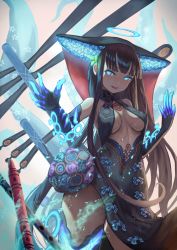 Rule 34 | 1girl, artist request, bare shoulders, black dress, black gloves, black headwear, black thighhighs, blue eyes, blue fire, blunt bangs, breasts, center opening, covered navel, dress, elbow gloves, fate/grand order, fate (series), fire, floral print, flute, gloves, gradient background, hair ornament, halo, hands up, highres, instrument, large breasts, leaf hair ornament, long hair, looking at viewer, open mouth, pipa (instrument), purple hair, sash, smile, solo, thighhighs, thighs, very long hair, yang guifei (fate), yang guifei (third ascension) (fate)