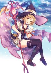 Rule 34 | 1girl, black thighhighs, blonde hair, boots, breasts, brown eyes, commentary request, djeeta (granblue fantasy), full body, gloves, granblue fantasy, hat, holding, looking at viewer, medium breasts, narinn, short hair, staff, thighhighs, wand, white gloves, witch hat