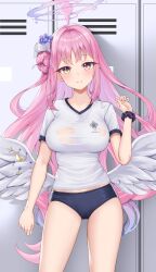 Rule 34 | 1girl, angel wings, blue archive, blush, breasts, buruma, cameltoe, feathered wings, flower, gym shirt, gym uniform, hair bun, hair flower, hair ornament, halo, highres, large breasts, long hair, looking at viewer, low wings, matrix16, medium breasts, mika (blue archive), no bra, pink hair, scrunchie, shirt, short sleeves, single side bun, smile, solo, thighs, very long hair, white wings, wings, yellow eyes