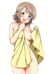 Rule 34 | 1girl, absurdres, blue eyes, blush, breasts, brown hair, collarbone, completely nude, convenient censoring, cowboy shot, embarrassed, highres, holding, holding towel, legs together, looking at viewer, love live!, love live! sunshine!!, medium breasts, naked towel, nude, open mouth, sankuro (agoitei), scan, shiny skin, short hair, simple background, solo, standing, teeth, towel, watanabe you, white background, yellow towel