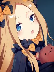 Rule 34 | 1girl, :o, abigail williams (fate), black bow, black dress, blonde hair, blue background, blue eyes, blush, bow, commentary request, dress, fate/grand order, fate (series), forehead, hair bow, head tilt, highres, long hair, long sleeves, looking at viewer, hugging object, open mouth, orange bow, parted bangs, polka dot, polka dot bow, sada (sadahalu), simple background, sleeves past fingers, sleeves past wrists, solo, stuffed animal, stuffed toy, teddy bear, very long hair