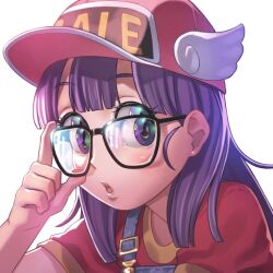 Rule 34 | 1girl, baseball cap, dr. slump, glasses, hat, long hair, looking at viewer, norimaki arale, ogata kouji, open mouth, overalls, purple eyes, purple hair, shirt, short sleeves, simple background, solo, white background, winged hat