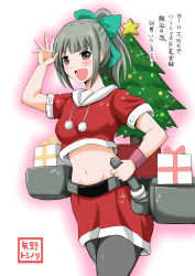 Rule 34 | 10s, 1girl, adapted costume, belt, brown eyes, christmas, christmas tree, crop top, crop top overhang, green hair, hair ribbon, hand on own hip, highres, kantai collection, crossed legs, looking at viewer, machinery, midriff, navel, open mouth, pantyhose, ponytail, ribbon, santa costume, skirt, smile, solo, star (symbol), translation request, yano toshinori, yuubari (kancolle)