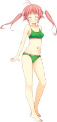 Rule 34 | 1girl, absurdres, bare shoulders, barefoot, bikini, blush, breasts, closed eyes, collarbone, feet, full body, highres, kazama akari, koikishi purely kiss, long hair, navel, non-web source, pink hair, simple background, small breasts, smile, solo, standing, swimsuit, twintails, white background, yuuki hagure