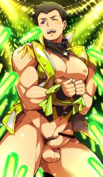 Rule 34 | 1boy, alternate costume, aopanda, bar censor, bara, bound, bound wrists, brown hair, censored, erection, glowstick, highres, idol clothes, idolmaster, idolmaster side-m, looking to the side, male focus, one eye closed, open mouth, penis, perineum, pubic hair, purple eyes, shingen seiji, solo focus, testicles