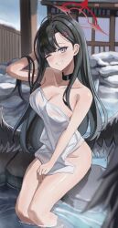 Rule 34 | 1girl, absurdres, arm up, bare shoulders, black choker, black feathers, black hair, black wings, blue archive, blurry, blurry background, breasts, choker, cleavage, collarbone, depth of field, feathers, grey eyes, hair ornament, hairclip, halo, highres, ichika (blue archive), long hair, low wings, medium breasts, naked towel, one eye closed, onsen, outdoors, snow, soaking feet, solo, steam, teeth, towel, very long hair, water, wet, wings, yato (yama0x1)
