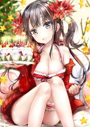 Rule 34 | 1girl, :d, black hair, blurry, blush, bra, breasts, bridal garter, cake, candle, cardigan, christmas tree, cleavage, depth of field, flower, food, fruit, fur trim, hair flower, hair ornament, holding, holding food, holding plate, keepout, long hair, looking at viewer, medium breasts, melon, open cardigan, open clothes, open mouth, original, plate, purple eyes, red bra, red flower, sidelocks, sleeves past wrists, smile, solo, star (symbol), strawberry, thighs, underwear