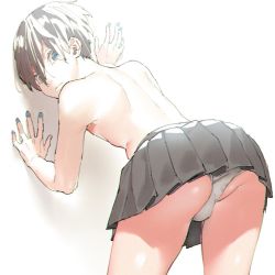 Rule 34 | 1boy, ass, back, black hair, blue eyes, crossdressing, from behind, hana (dqkmb362), hand on wall, high speed!, looking at viewer, male focus, nail polish, nanase haruka (free!), panties, pantyshot, topless male, skirt, solo, thighs, underwear, white background