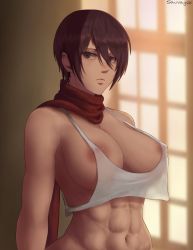 Rule 34 | 1girl, abs, black eyes, black hair, breasts, closed mouth, covered erect nipples, crop top, expressionless, hair between eyes, highres, indoors, large breasts, looking at viewer, mikasa ackerman, oroborus, red scarf, revealing clothes, scarf, see-through, shingeki no kyojin, short hair, solo, tank top, white tank top