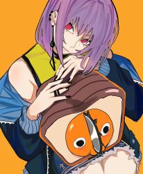 Rule 34 | 1girl, absurdres, bread, chainsaw, chainsaw man, choker, earrings, fami (chainsaw man), food, highres, jacket, jewelry, loaf of bread, looking at viewer, multiple moles, orange dog, pochita (chainsaw man), purple eyes, red eyes, ringed eyes, sailen0, shirt, shorts, sitting, yellow background, yellow shirt