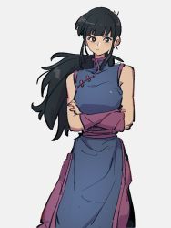 Rule 34 | 1girl, black eyes, black hair, black outline, blue dress, blunt bangs, breasts, chi-chi (dragon ball), china dress, chinese clothes, closed mouth, contrapposto, crossed arms, dragon ball, dragon ball (classic), dress, eyelashes, facing viewer, feet out of frame, floating hair, grey background, high collar, kemachiku, long hair, medium breasts, outline, pants, pink pants, pink wristband, ponytail, pout, serious, side slit, sidelocks, sideways glance, simple background, sleeveless, sleeveless dress, solo, standing, v-shaped eyebrows, wristband