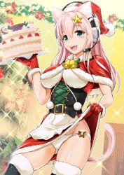 Rule 34 | 1girl, animal ears, blush, breasts, cake, capelet, cat ears, cat tail, christmas, christmas ornaments, clothes lift, dessert, dress, food, fruit, fur trim, ganari ryuu, gloves, green eyes, hair ornament, hairclip, hat, headphones, headset, highres, large breasts, lifting own clothes, long hair, looking at viewer, open mouth, original, panties, pastry, pink hair, pom pom (clothes), santa dress, santa hat, skirt, skirt lift, smile, solo, star (symbol), star hair ornament, strawberry, super tama musume, tail, tamatoys, thighhighs, underwear