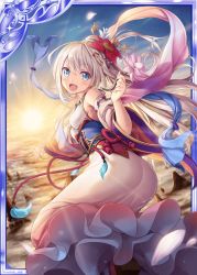 Rule 34 | 1girl, :d, akkijin, armpits, back, bare shoulders, blonde hair, blue eyes, breasts, card (medium), cloud, dress, flower, flying, hair flower, hair ornament, holding, holding flower, japanese clothes, long hair, looking at viewer, lotus, medium breasts, mountain, official art, open mouth, pink dress, shinkai no valkyrie, sky, smile, sun, sunrise