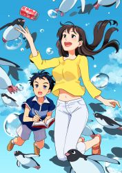Rule 34 | 10s, 1boy, 1girl, :o, age difference, aoyama-kun (penguin highway), bad id, bad pixiv id, bird, black hair, blue eyes, blue shirt, blue sky, book, brown eyes, brown footwear, brown hair, can, child, cloud, day, drink can, highres, long hair, midair, nashigaya koyomi, navel, notebook, onee-san (penguin highway), open mouth, pants, pen, penguin, penguin highway, shirt, shorts, sky, smile, socks, soda can, striped clothes, striped shirt, yellow shirt