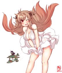 Rule 34 | 2girls, aircraft, airplane, breasts, cleavage, clothes lift, clothes pull, commentary request, cosplay, dated, dress, dress lift, dress pull, fairy (kancolle), gradient hair, highres, kanon (kurogane knights), kantai collection, large breasts, leaning forward, light brown hair, long hair, looking at viewer, marilyn monroe, marilyn monroe (cosplay), multicolored hair, multiple girls, murasame (kancolle), n1k, one eye closed, open mouth, red eyes, seaplane, simple background, smile, solo focus, the seven-year itch, two side up, white background, white dress, wind, wind lift
