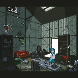 Rule 34 | 1girl, animated, animated gif, blue eyes, blue skirt, boombox, chair, computer, couch, female focus, indoors, instrument, keyboard (instrument), laptop, motocross saito, office chair, one side up, original, phonograph, pixel art, school uniform, shelf, sitting, skirt, solo, spinning, swivel chair, turntable, wrench