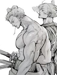 Rule 34 | 2boys, absurdres, closed eyes, cowboy shot, earrings, facial hair, from side, goatee, greyscale, highres, jewelry, large pectorals, male focus, monochrome, mouth hold, multiple boys, muscular, muscular male, nipples, nowosuke, official alternate costume, one piece, pectorals, roronoa zoro, sanji (one piece), scar, scar across eye, sheath, sheathed, short hair, single earring, smoking, stalk in mouth, topless male, veins, veiny arms