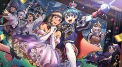 1girl 6+boys black_hair blue_hair brown_hair cape castle coat costume crossdressing crown curtains dolustoy dress fur_hat green_hair grey_hair grey_jacket hat hattori_hanta highres hiura_kirina holding holding_scepter holding_sword holding_weapon inamori_asuto inazuma_eleven_(series) inazuma_eleven_ares_no_tenbin iwato_takashi jacket light_blue_hair long_hair mage_staff magician mansaku_yuuichirou michinari_tatsumi multiple_boys okuiri_hiro open_mouth pantyhose pink_dress princess princess_dress purple_hair red_cape red_coat scepter shirt stage stage_curtains sword theater tiara umihara_norika weapon white_pantyhose white_shirt