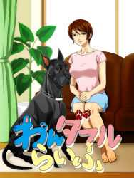 Rule 34 | 1girl, barefoot, breasts, brown eyes, brown hair, couch, dog, earrings, feet, full body, indoors, jewelry, large breasts, looking at viewer, mature female, miniskirt, plant, potted plant, ring, shirt, short hair, sitting, skirt, t-shirt, tankuro (funhouse), text focus, toes, translated, wedding band, wedding ring, window