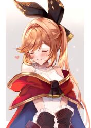 1girl aoi_(kirabosi105) ascot black_gloves blush cape clarisse_(granblue_fantasy) frilled_gloves frills gloves granblue_fantasy hair_ribbon heart highres orange_hair ponytail ribbed_shirt ribbon shirt solo