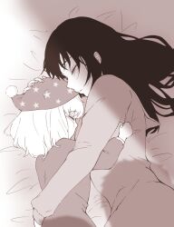 Rule 34 | 2girls, anya (spy x family), bed, bed sheet, black hair, blush, child, clenched hand, closed eyes, commentary request, covering head, cuddling, greyscale, hand on another&#039;s hip, hat, highres, holding, long hair, monochrome, mother and daughter, multiple girls, nightcap, pajamas, purimell, short hair, simple background, sleeping, spy x family, star (symbol), yor briar