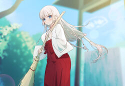 Rule 34 | 1girl, alternate costume, alternate hairstyle, blue eyes, blunt ends, blurry, blurry background, blush, braid, broom, closed mouth, commentary request, day, eyes visible through hair, feet out of frame, floating hair, frown, hair behind ear, hair between eyes, hair ornament, hair ribbon, hairclip, hakama, highres, holding, holding broom, japanese clothes, kimono, lens flare, long hair, long sleeves, looking at viewer, low-tied long hair, miko, naruse shiroha, natsuoto rito, outdoors, pink ribbon, red hakama, ribbon, solo, split mouth, standing, summer pockets, torii, twin braids, very long hair, white hair, white kimono, wide sleeves, wind