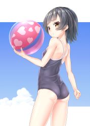 Rule 34 | 1girl, arare (kancolle), ass, back, ball, beachball, black hair, blue one-piece swimsuit, blush, breasts, closed mouth, competition school swimsuit, gotou hisashi, highres, kantai collection, looking at viewer, one-piece swimsuit, school swimsuit, short hair, small breasts, solo, swimsuit, white background