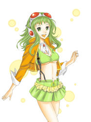 Rule 34 | 1girl, asaki (bluemoonstone), breasts, colorized, goggles, goggles on head, green eyes, green hair, gumi, jacket, long hair, matching hair/eyes, gumi (v3 megpoid), midriff, navel, open mouth, skirt, solo, underboob, vocaloid