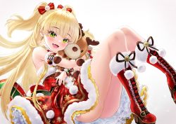 Rule 34 | 1girl, :d, artist name, blonde hair, blush, boots, bow, breasts, cross-laced footwear, detached sleeves, dress, earrings, fangs, fur-trimmed boots, fur trim, green eyes, hair bow, high heel boots, high heels, idolmaster, idolmaster cinderella girls, jewelry, jougasaki rika, lace-up boots, lips, long hair, looking at viewer, open mouth, pom pom (clothes), red bow, red dress, red footwear, revision, ring, signature, simple background, small breasts, smile, snowflake earrings, snowflake print, solo, striped, striped bow, stuffed animal, stuffed reindeer, stuffed toy, two side up, yapo (croquis side)