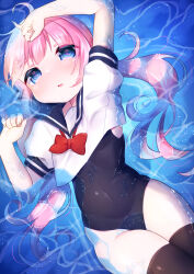 Rule 34 | 1girl, absurdres, arm up, black one-piece swimsuit, black sailor collar, black thighhighs, blue eyes, bow, bowtie, chiitamu, commentary request, covered navel, highres, long hair, looking at viewer, low twintails, one-piece swimsuit, original, parted lips, partially submerged, pink hair, puffy short sleeves, puffy sleeves, red bow, red bowtie, sailor collar, school uniform, serafuku, shirt, short sleeves, solo, swimsuit, swimsuit under clothes, thick eyebrows, thighhighs, twintails, very long hair, water, white shirt