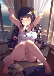 Rule 34 | 10s, 1girl, armpits, arms up, barefoot, beach, black hair, blush, bottle, bow, brown eyes, brown hair, cellphone, curtains, feet, food, hair bow, head tilt, indoors, kantai collection, knees together feet apart, long hair, looking at viewer, magazine (object), mouth hold, multicolored hair, naganami (kancolle), no pants, ocean, panties, pantyshot, phone, popsicle, satsuki neko, sleeveless, solo, sweat, toes, underwear, water, water bottle, wavy hair, white panties, window