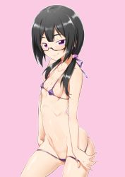 Rule 34 | 1girl, bare shoulders, bikini, black hair, collarbone, cowboy shot, flat chest, from side, glasses, iisuna anko, long hair, looking at viewer, looking back, low twintails, micro bikini, navel, ore twintail ni narimasu, pink background, purple eyes, semi-rimless eyewear, short hair with long locks, simple background, smile, solo, standing, swimsuit, twintails, yuto (dialique)