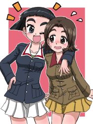 Rule 34 | 2girls, ;d, arm around neck, black eyes, black hair, blue jacket, blunt bangs, blunt ends, blush, bob cut, border, brown eyes, brown hair, brown jacket, chi-hatan military uniform, commentary, cosplay, costume switch, flying sweatdrops, girls und panzer, green shirt, hand on own hip, jacket, long sleeves, looking at another, military, military uniform, miniskirt, multiple girls, notice lines, one eye closed, ooarai military uniform, open mouth, outline, outside border, parted bangs, pleated skirt, red background, sawa azusa, shirt, short hair, skirt, smile, standing, sweatdrop, takahashi kurage, uenishi chiyoko, uniform, white border, white outline, white skirt, yellow skirt