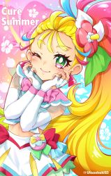 Rule 34 | 1girl, ;), blonde hair, blush, character name, closed mouth, cure summer, earrings, elbow gloves, fingerless gloves, flower, gloves, green eyes, hair flower, hair ornament, head rest, highres, jewelry, long hair, looking at viewer, magical girl, midriff, multicolored hair, natsuumi manatsu, navel, one eye closed, pink hair, precure, see-through, side ponytail, skirt, smile, solo, standing, tropical-rouge! precure, twitter username, uta (yagashiro25), very long hair, white skirt