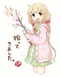 Rule 34 | 1girl, blonde hair, blush, bow, branch, cardigan, cropped legs, dress, falling petals, futaba anzu, green dress, hair bow, holding, holding branch, idolmaster, idolmaster cinderella girls, long hair, long sleeves, looking at viewer, nendo23, petals, pink cardigan, plaid, plaid dress, simple background, solo, twintails, very long hair, white background