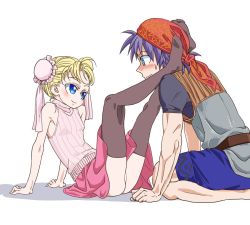 Rule 34 | 1boy, 1girl, bandana, blonde hair, blue eyes, blue hair, bun cover, chrono cross, colored eyelashes, commentary request, double bun, hair bun, legs on another&#039;s shoulders, marcy (chrono cross), panties, red bandana, s-a-murai, serge (chrono cross), short hair, simple background, skirt, thighhighs, underwear, white background