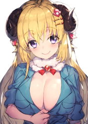 Rule 34 | 1girl, blonde hair, blue shirt, blush, breasts, brooch, cleavage, closed mouth, curled horns, hololive, horns, jewelry, large breasts, long hair, looking at viewer, purple eyes, redcomet, sheep girl, sheep horns, shirt, simple background, sleeves rolled up, smile, tsunomaki watame, virtual youtuber, white background, wool