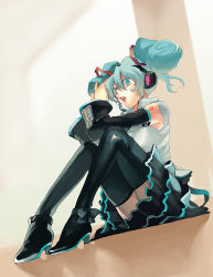 Rule 34 | 1girl, bad id, bad pixiv id, black thighhighs, blue eyes, blue hair, chachie, detached sleeves, frills, hatsune miku, headphones, matching hair/eyes, open mouth, sitting, skirt, solo, thighhighs, twintails, vocaloid
