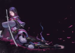 Rule 34 | 1girl, arm guards, blue eyes, bodysuit, breasts, cherry blossoms, fate/grand order, fate (series), glowing, highres, large breasts, looking at viewer, minamoto no raikou (fate), purple hair, smoke, sword, tianzhong zhongtian, weapon