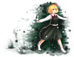 Rule 34 | 1girl, bad id, bad pixiv id, darkness, female focus, furim, highres, outstretched arms, pointy ears, rumia, solo, tolo, touhou, walking