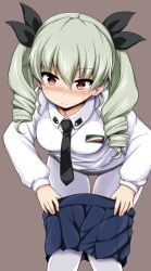 Rule 34 | 10s, 1girl, anchovy (girls und panzer), anzio school uniform, bent over, black necktie, black panties, black ribbon, blue skirt, blush, breasts, brown background, closed mouth, clothes pull, collared shirt, commentary request, drill hair, embarrassed, foreshortening, girls und panzer, green hair, hair between eyes, hair ribbon, head tilt, lock heart (juuryokudou), long hair, long sleeves, looking at viewer, medium breasts, necktie, nose blush, panties, panties under pantyhose, pantyhose, pleated skirt, pulled by self, red eyes, ribbon, school uniform, shirt, simple background, skirt, skirt pull, solo, standing, sweat, thigh gap, tsurime, twin drills, underwear, undressing, white pantyhose, white shirt, wing collar