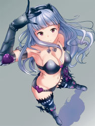 Rule 34 | 1girl, animal ears, arm up, armor, armored boots, armpits, black bra, black footwear, black gloves, black hairband, black panties, boots, bra, breasts, cat ears, cleavage, collarbone, elbow gloves, fake animal ears, floating hair, from above, full body, gloves, grey background, groin, hairband, hand on leg, idolmaster, idolmaster (classic), long hair, medium breasts, navel, nightmare blood, panties, purple eyes, q (ed69), shadow, shijou takane, shiny clothes, silver hair, smile, solo, standing, strapless, strapless bra, striped clothes, striped thighhighs, thighhighs, underwear, very long hair