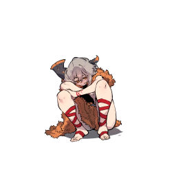Rule 34 | 1girl, axe, axehorn (ssambatea), barefoot, closed mouth, commentary, crossed arms, english commentary, grey hair, highres, looking at viewer, orange eyes, original, pelt, pointy ears, ringed eyes, short hair, simple background, sitting, smile, solo, ssambatea, toenails, white background