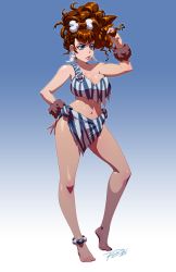 Rule 34 | 1girl, alternate hairstyle, animal print, anklet, bad id, bad tumblr id, barefoot, bliss barson, blue eyes, bone, breasts, brown hair, caveman, cavewoman, cleavage, contrapposto, cryamore, earrings, eyeshadow, feet, hair ornament, hair over one eye, hand in own hair, hand on own hip, jewelry, large breasts, lips, loincloth, long hair, makeup, mole, navel, robaato, single strap, solo, standing, toes, tribal, wristband, zebra print