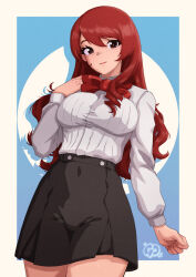 Rule 34 | 1girl, artist logo, black skirt, blue background, border, bow, bowtie, breasts, brown eyes, closed mouth, collared shirt, commentary, commentary typo, covered navel, cowboy shot, eyelashes, hair between eyes, hand up, high-waist skirt, highres, impossible clothes, impossible skirt, kirijou mitsuru, large breasts, lips, long hair, long sleeves, looking at viewer, miniskirt, persona, persona 3, red bow, red bowtie, red hair, ribbed shirt, shirt, sidelocks, skirt, solo, swept bangs, thatpersonaguy
