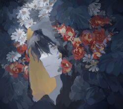 Rule 34 | 1boy, black cloak, black hair, chinese commentary, cloak, commentary request, empty eyes, floral background, highres, hood, hooded cloak, klein moretti, kunmian, looking at viewer, lord of the mysteries, out of frame, shaded face, short hair, solo, yellow eyes