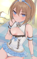 Rule 34 | 1girl, adapted costume, alternate costume, annoyed, arm support, bare shoulders, blanc (neptunia), blue eyes, blush, breasts, brown hair, buttons, clothes pull, double-breasted, flower, frown, hair between eyes, hair flower, hair ornament, hairband, hand up, highres, looking at viewer, medium hair, neptune (series), on ground, one-piece swimsuit, one-piece swimsuit pull, ray 726, sitting, small breasts, solo, swimsuit, thigh gap, white flower, white one-piece swimsuit