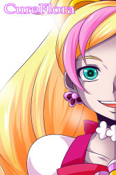 Rule 34 | 1girl, aqua eyes, bare shoulders, blonde hair, character name, choker, cure flora, earrings, go! princess precure, hair ribbon, haruno haruka, highres, jewelry, long hair, looking at viewer, magical girl, multicolored hair, nishi koutarou, open mouth, orange hair, out of frame, pink hair, portrait, precure, purple eyes, ribbon, smile, solo, star (symbol), star earrings, two-tone hair