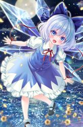 Rule 34 | 1girl, black footwear, blue dress, blue eyes, blue hair, blurry, blurry background, bow, cirno, commentary request, detached wings, dress, full body, full moon, hair bow, highres, ice, ice wings, looking at viewer, moon, rouge (my rouge), short hair, socks, solo, touhou, white socks, wings